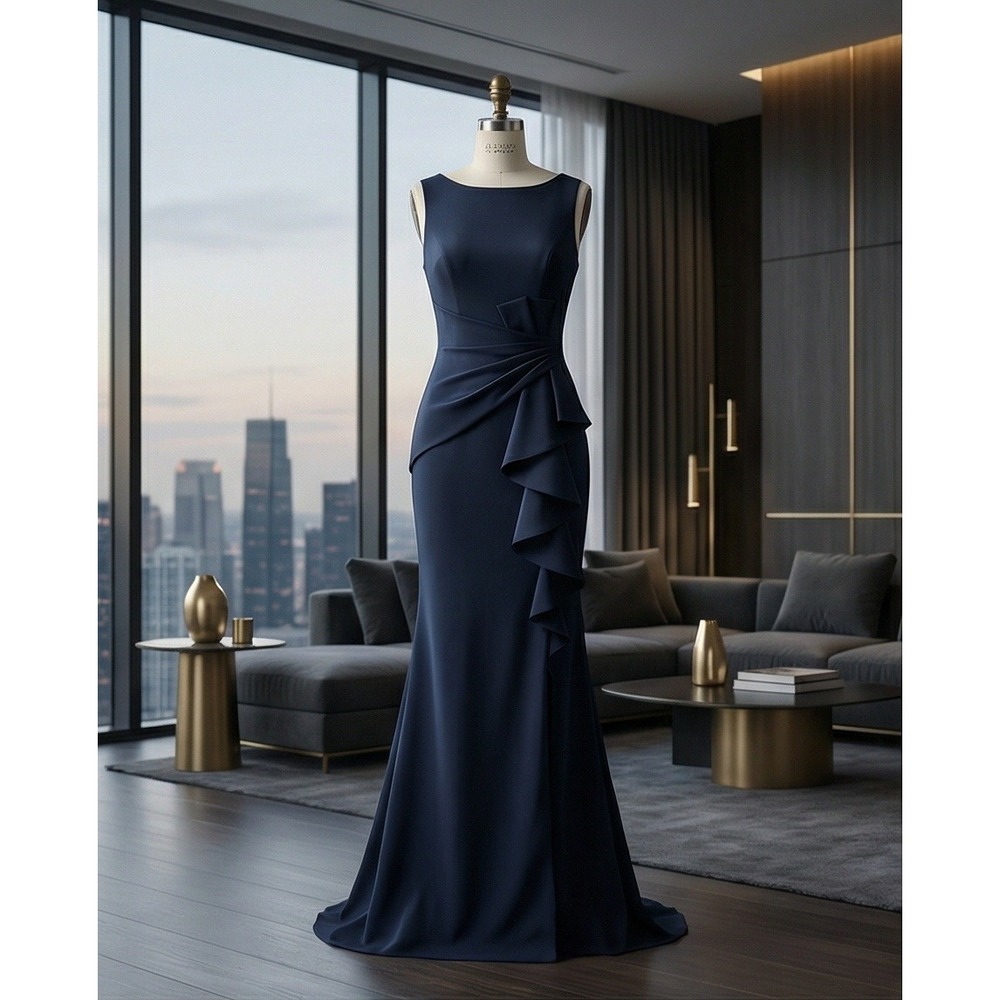 Eliza J 8 Dark Navy Blue (almost Black) Sleeveless Ruffle Front Gown Dress NWT
